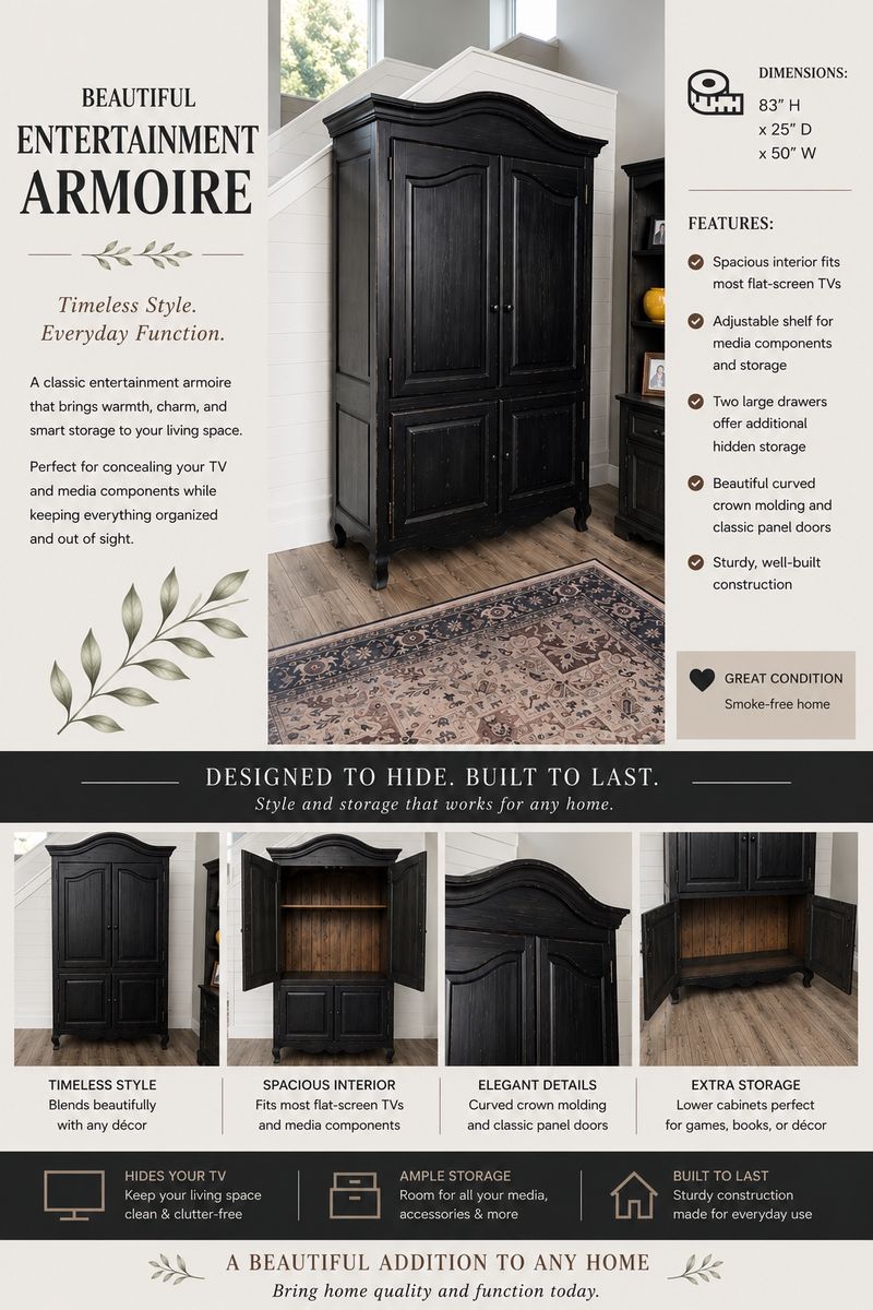Black Entertainment Armoire / TV Cabinet – Solid Wood – 83” x 50” x 25”