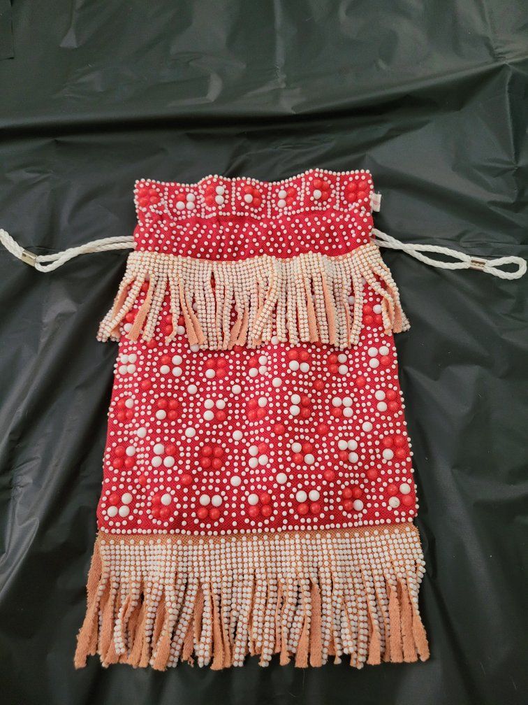 Vintage Hong Kong Beaded Drawstring Purse Red & White with Fringe Unique Evening Bag