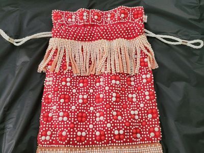 Vintage Hong Kong Beaded Drawstring Purse Red & White with Fringe Unique Evening Bag