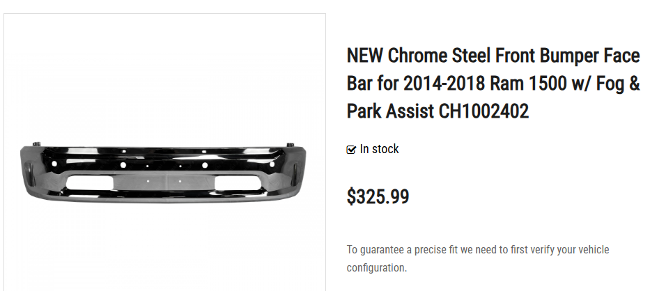 NEW Chrome Steel Front Bumper Face Bar for 2014-2018 Ram 1500 w/ Fog & Park Assist CH1002402