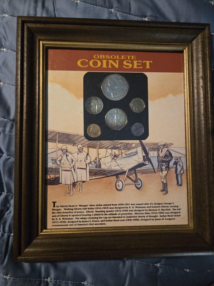 Framed Vintage Obsolete Coin Set - Morgan Dollar, Walking Liberty, Standing Liberty & More