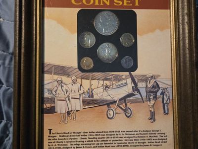 Framed Vintage Obsolete Coin Set - Morgan Dollar, Walking Liberty, Standing Liberty & More