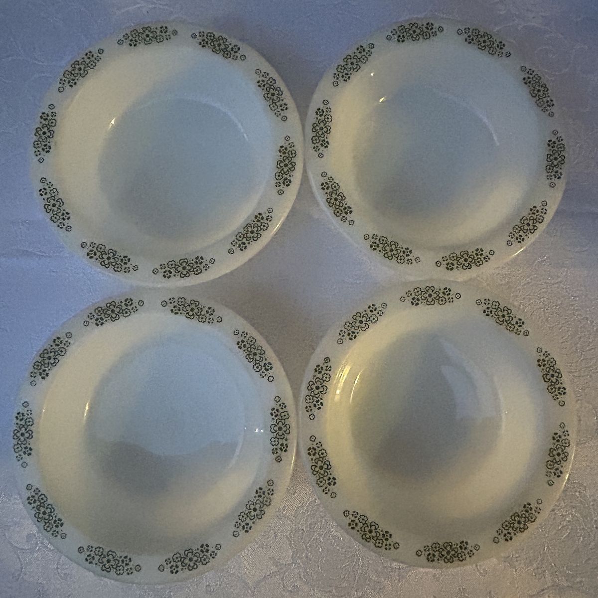 Vintage Anchor Hocking Placesetters Collection Bowls Set of 4 Milk Glass with a Green Floral Pattern along the Rim