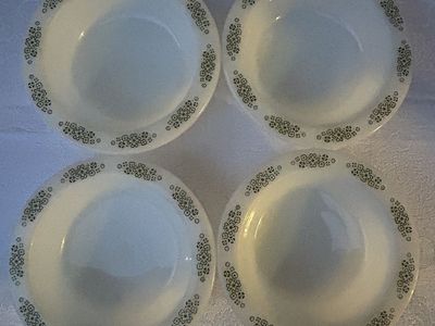 Vintage Anchor Hocking Placesetters Collection Bowls Set of 4 Milk Glass with a Green Floral Pattern along the Rim