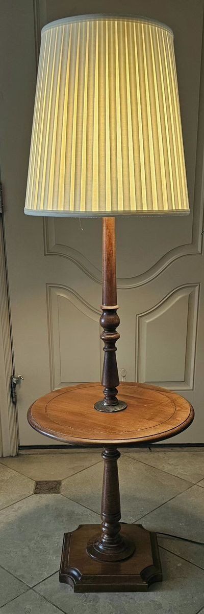 Vintage Wooden Floor Lamp with Built-in Side Table & Pleated Fabric Shade
55"Tall Table 18" Wide