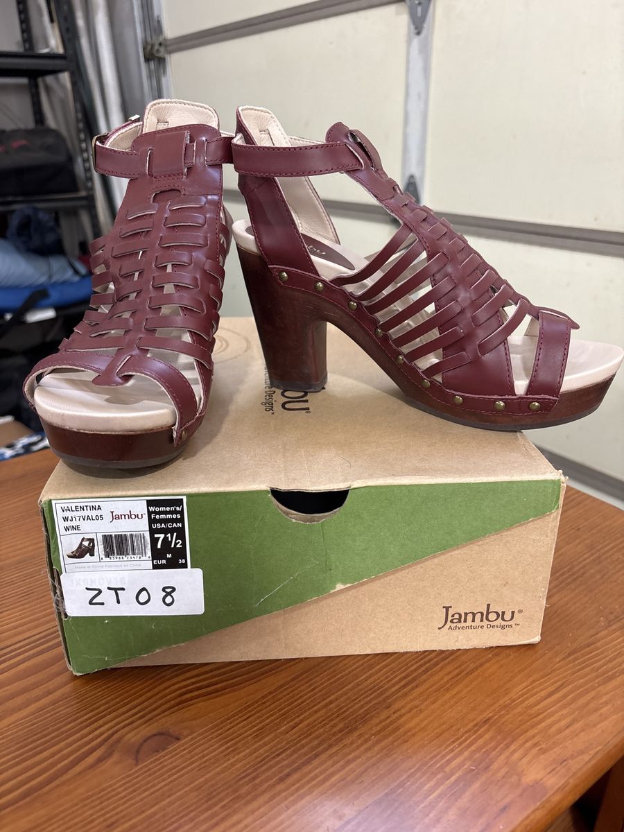 Jambu Valentina Women's Wine Braided Leather Heeled Sandals Size 7.5