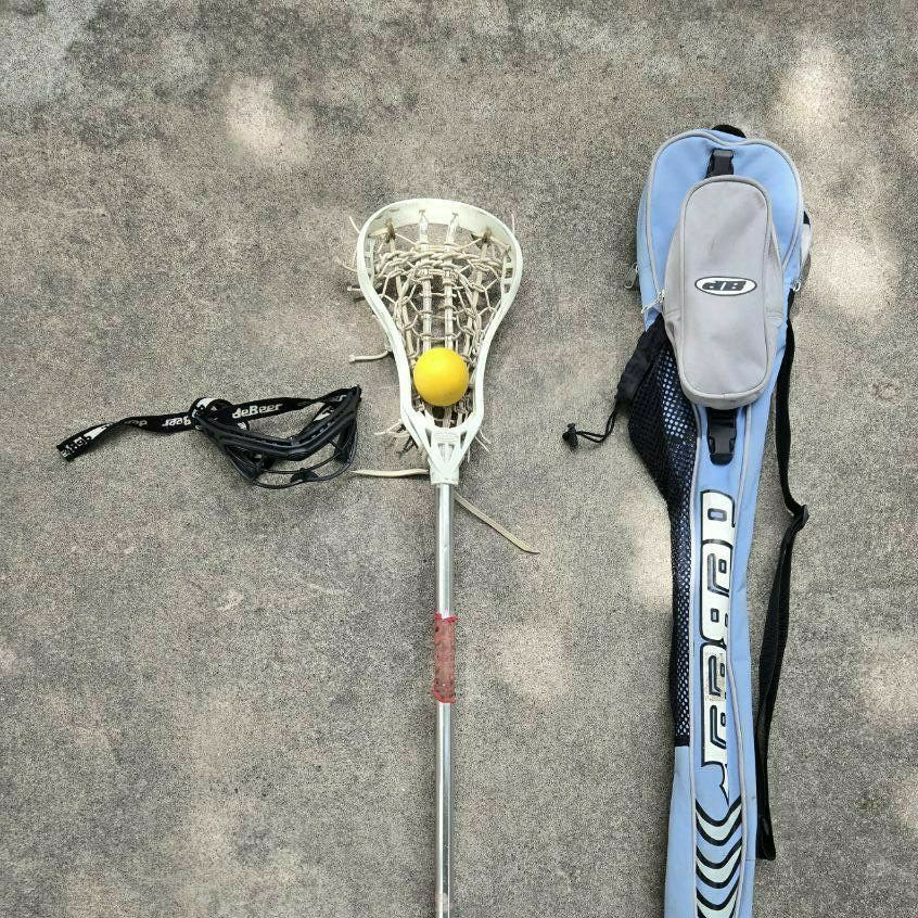 42.5" Women's Debeer Attack/Midfield White Lacrosse Stick Blue Bag Adjustable Strap deBeer Goggles Ball