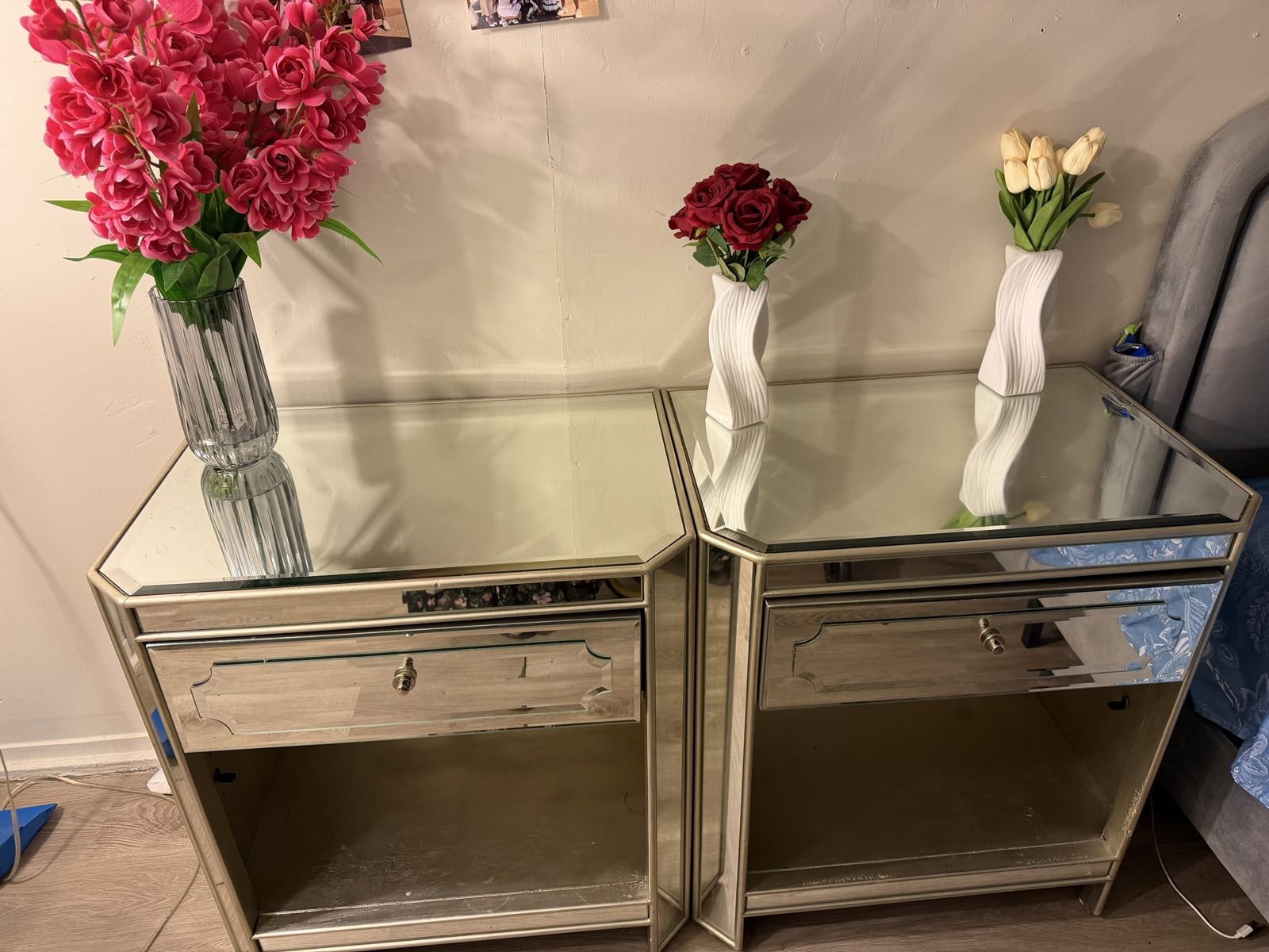 Pair of Mirrored Nightstands - Elegant Glass Side Tables with Drawer and Shelf (27"H)