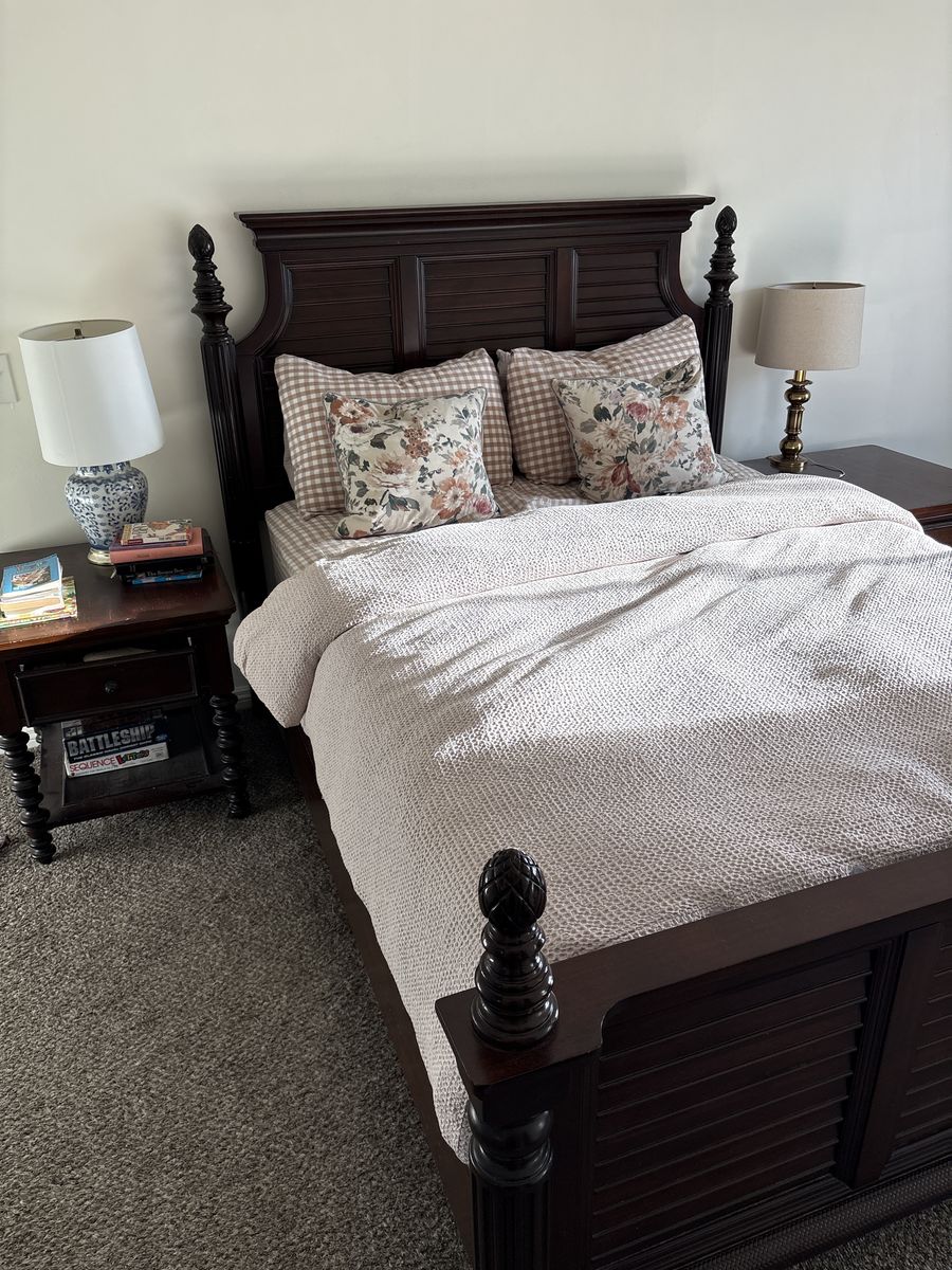 Queen bed frame and two side tables
