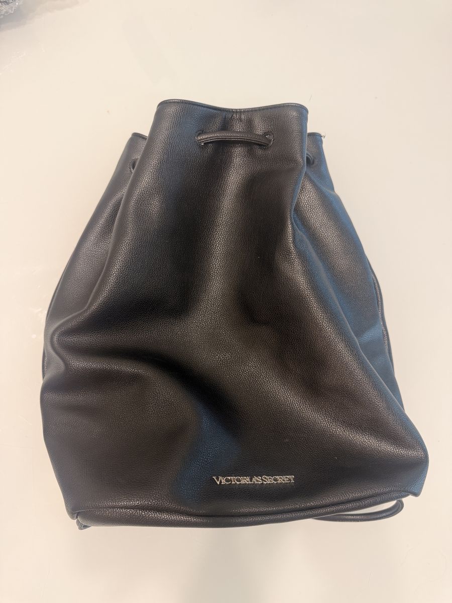 Victoria's Secret Black Faux Leather Drawstring Bucket Backpack Bag