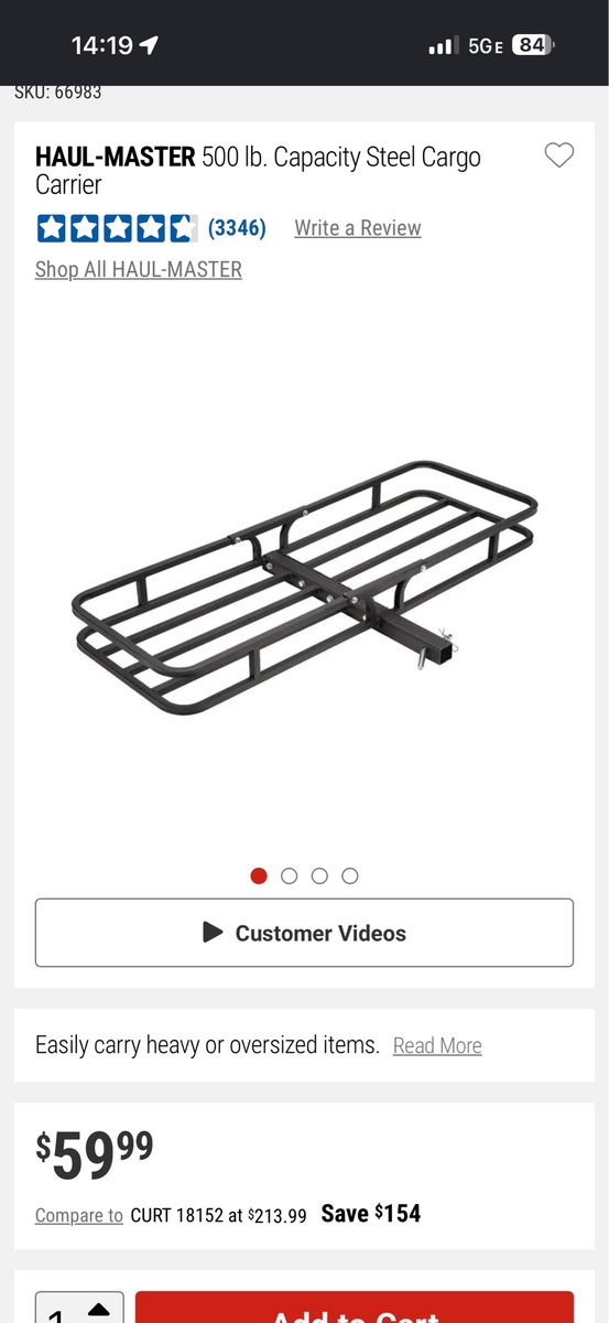 Haul-Master 500 lb. Capacity Steel Hitch-Mounted Cargo Carrier - Black. 53”x19”