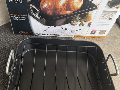 Philippe Richard Non-Stick Carbon Steel Turkey Roaster Pan with V-Rack 16" x 12"
