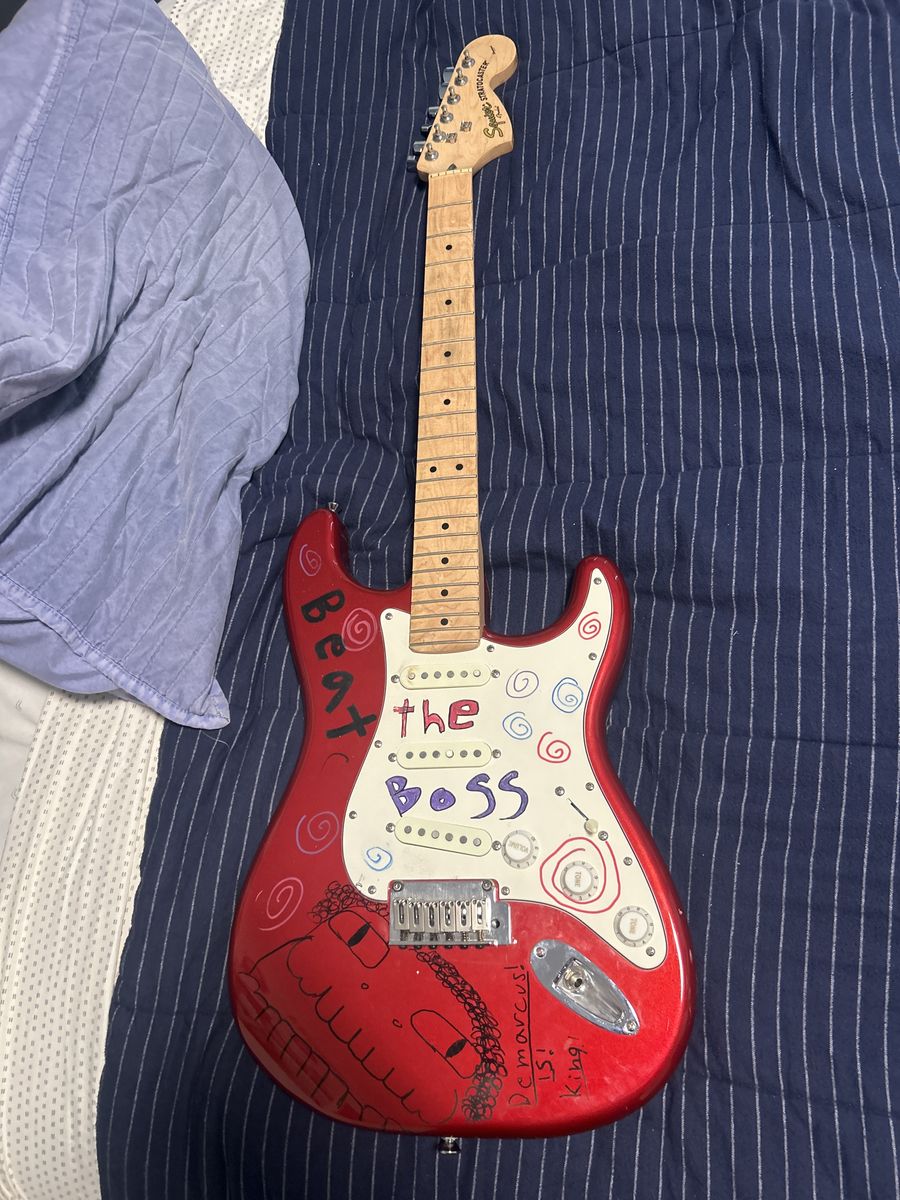 Squier Fender Stratocaster Electric Guitar Metallic Red Custom Artwork