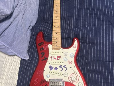 Squier Fender Stratocaster Electric Guitar Metallic Red Custom Artwork