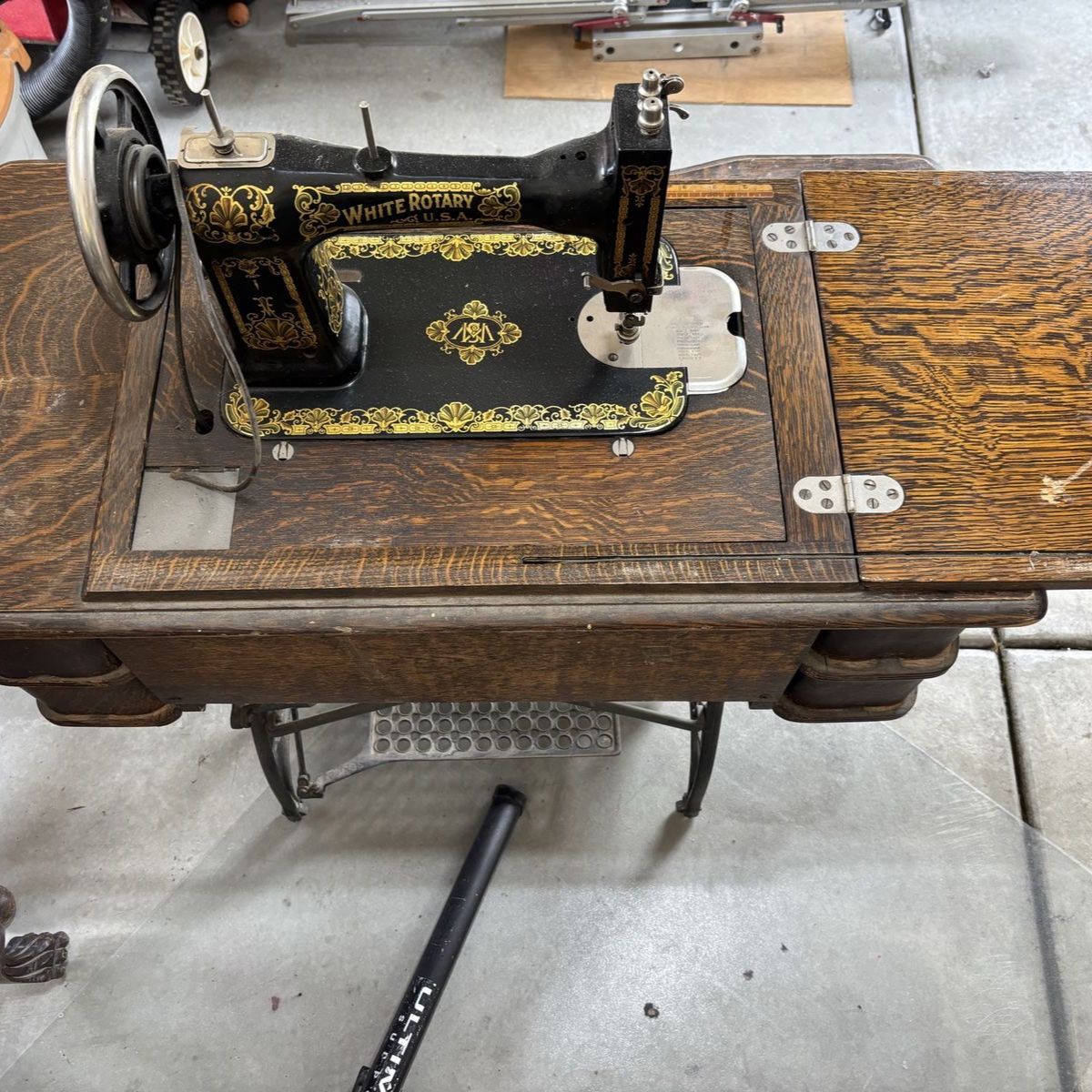 Vintage White Rotary Treadle Sewing Machine in Wooden Cabinet