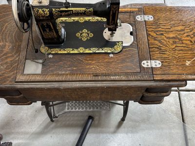 Vintage White Rotary Treadle Sewing Machine in Wooden Cabinet