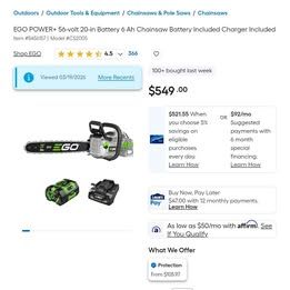 Ego 20" chainsaw bundle with 6Ah and charger