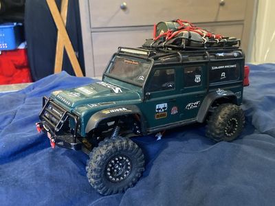 Fully Modded Traxxas TRX-4M Defender RC Crawler - Green, Upgraded Wheels/Tires, Roof Rack, Lights