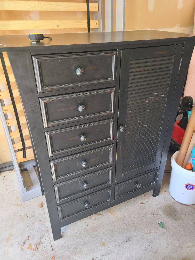 Black Distressed Wood Armoire / Lingerie Chest with 7 Drawers & Cabinet