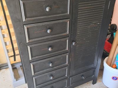 Black Distressed Wood Armoire / Lingerie Chest with 7 Drawers & Cabinet