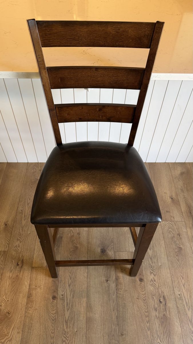 Wooden Counter Stool with Brown Faux Leather Seat - Ladder Back Design