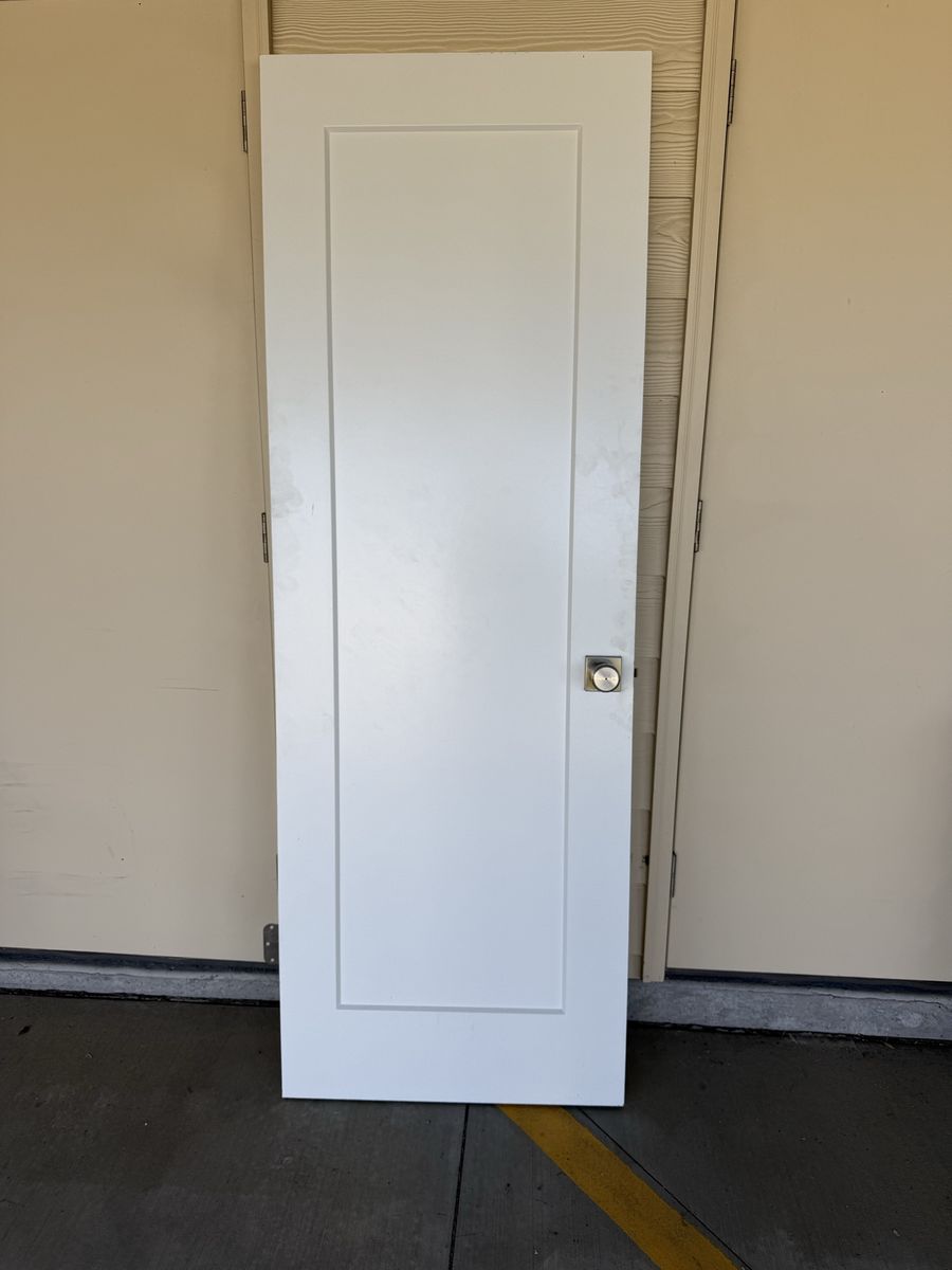 Solid Wood White Interior Shaker Style Door Slab 30" x 80" with Modern Brushed Nickel Knob