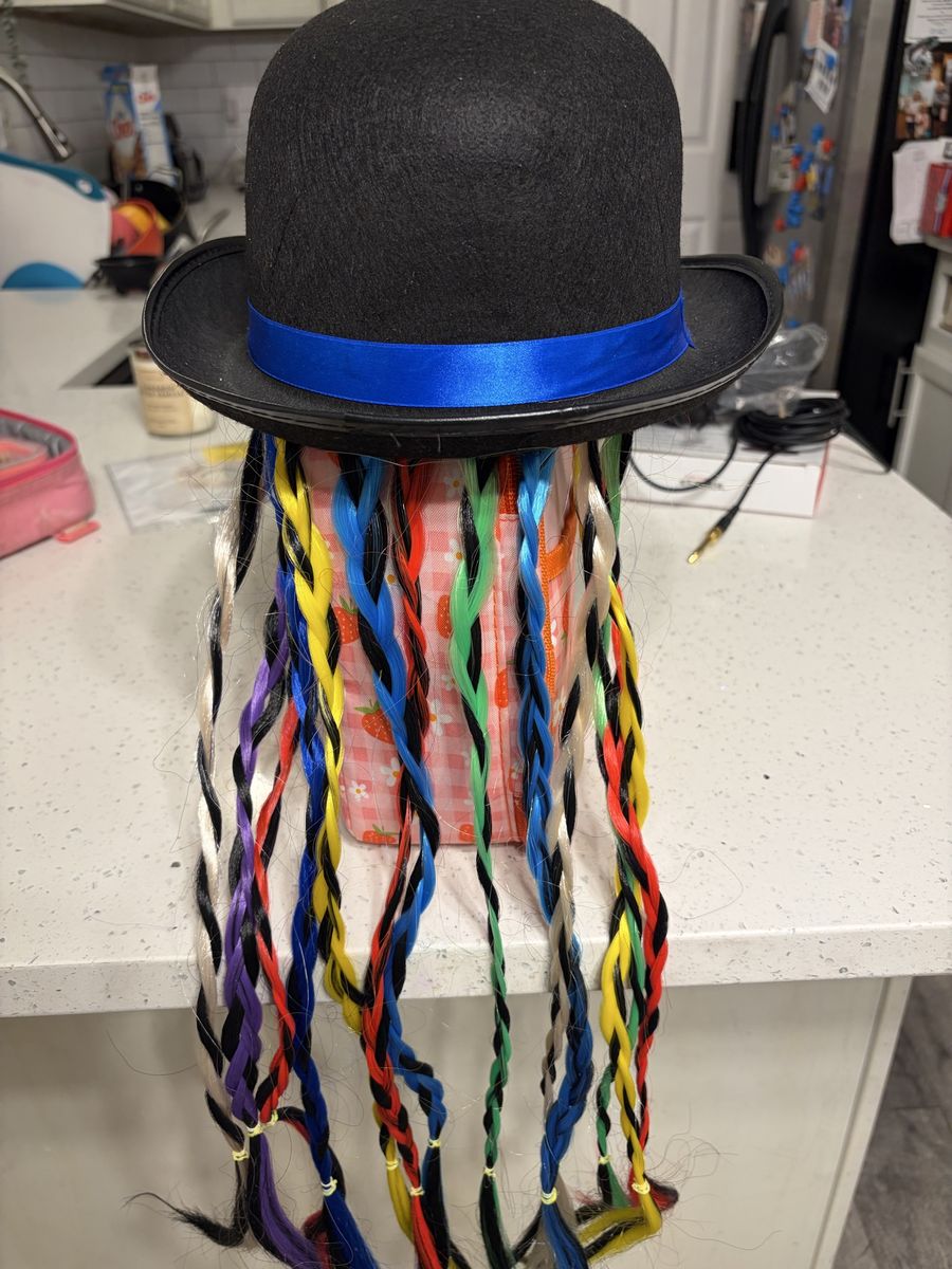 Black Derby Hat with Colorful Braided Hair Attachments Costume Accessory