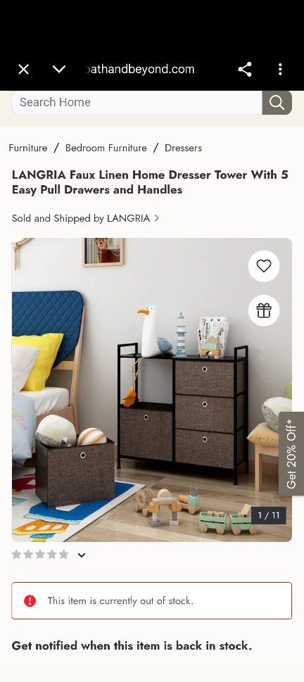 LANGRIA Faux Linen Home Dresser Tower - 5 Easy Pull Drawers, Metal Frame, Brown/Black