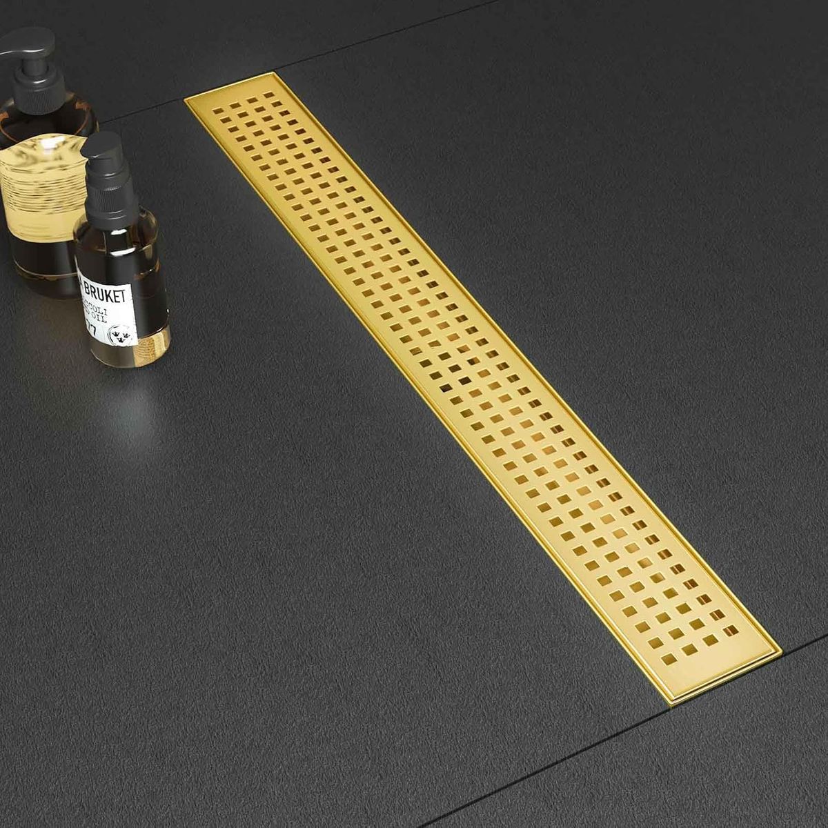 60" Gold Linear Shower Drain with Removable Grate Includes Hair Catcher and Leveling Feet