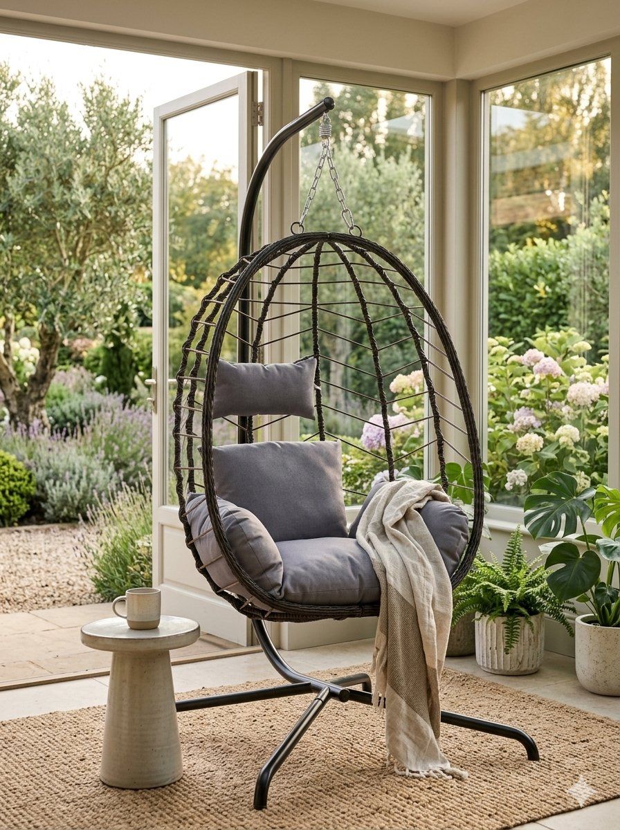 NEW HANGING EGG CHAIR WITH STAND – BROWN WICKER & GRAY CUSHIONS