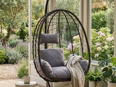 NEW HANGING EGG CHAIR WITH STAND – BROWN WICKER & GRAY CUSHIONS