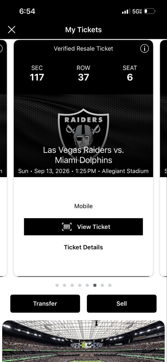 Las Vegas Raiders vs. Miami Dolphins NFL Ticket - Sep 13, 2026, Sec 117, Row 37, Seat 6