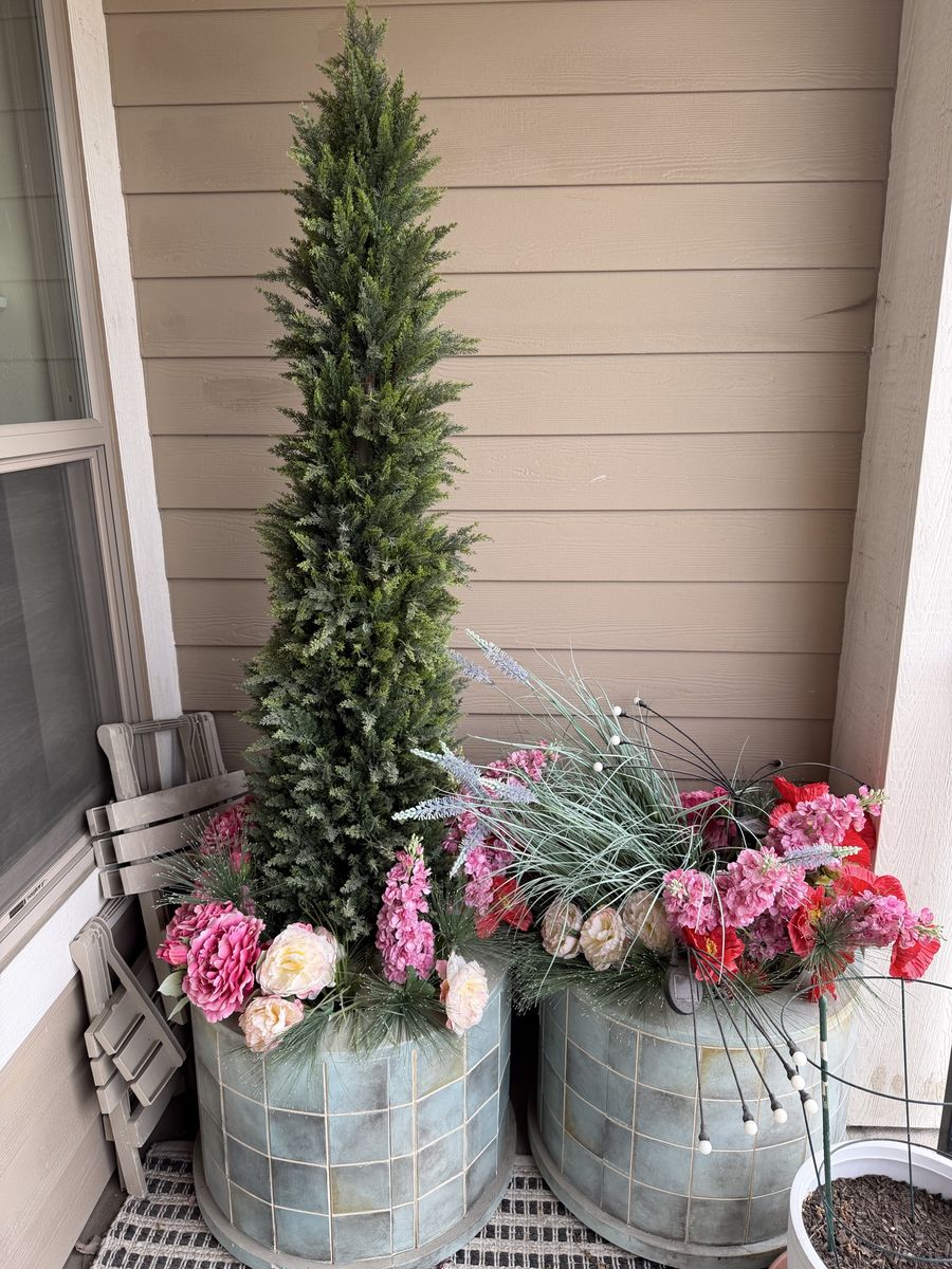 Pair Of Large Planters With Topiary And Lights