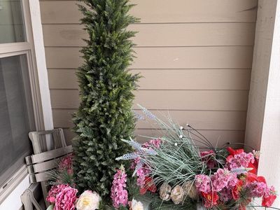 Pair Of Large Planters With Topiary And Lights