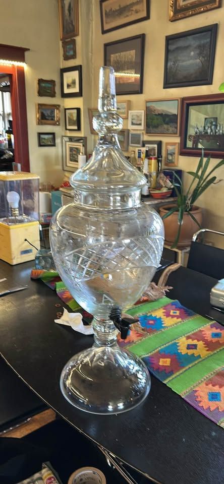 Prefect for a SpeakEasy or Cosby Theme Party Vintage Bohemian Art 30.5” Glass Covered Urn Drink Beverage Dispenser With Spigot