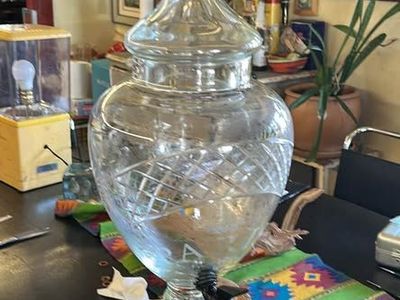 Prefect for a SpeakEasy or Cosby Theme Party Vintage Bohemian Art 30.5” Glass Covered Urn Drink Beverage Dispenser With Spigot