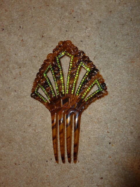 Large Antique Early Art Deco Celluloid Fan Shaped Hair Comb with Lime Colored Rhinestones- Large /Antique