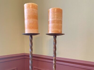 BEAUTIFUL TALL Vintage Rusted Twisted Metal Candlesticks w/ Candles - See Photos For Details