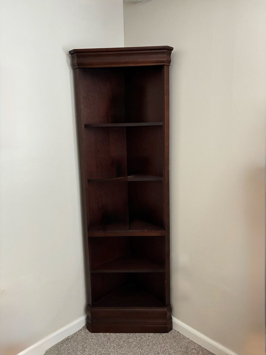 2 Dark Wood Corner Shelf Unit - Tall 5-Tier Display Bookcases