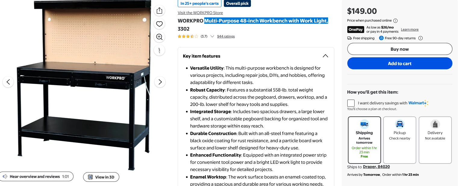 Multi-Purpose 48-inch Workbench with Work Light