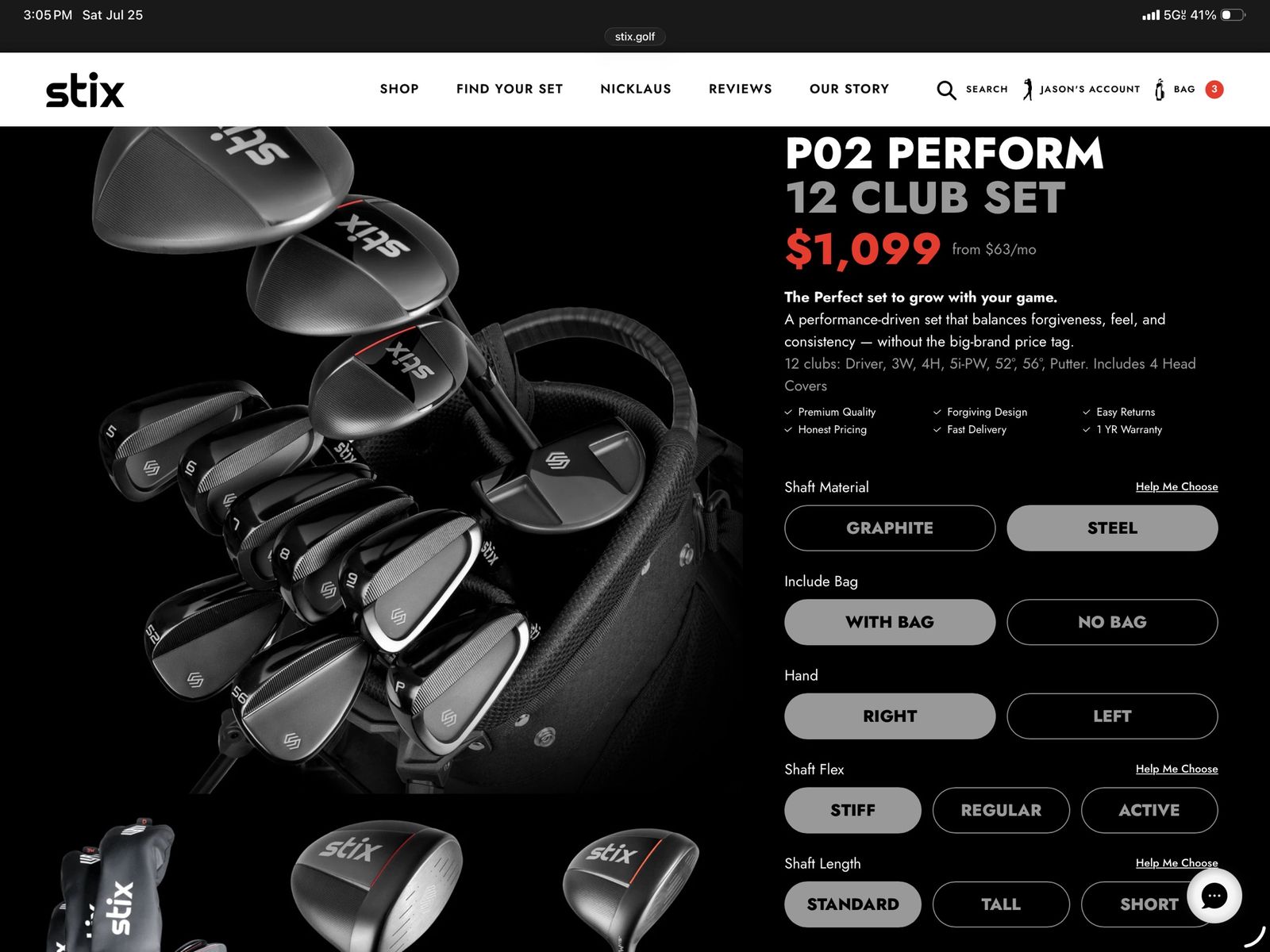 Brand New Stix P02 Perform 12-Club Golf Set w/ Stand Bag - Right Hand, Steel, Stiff, Standard