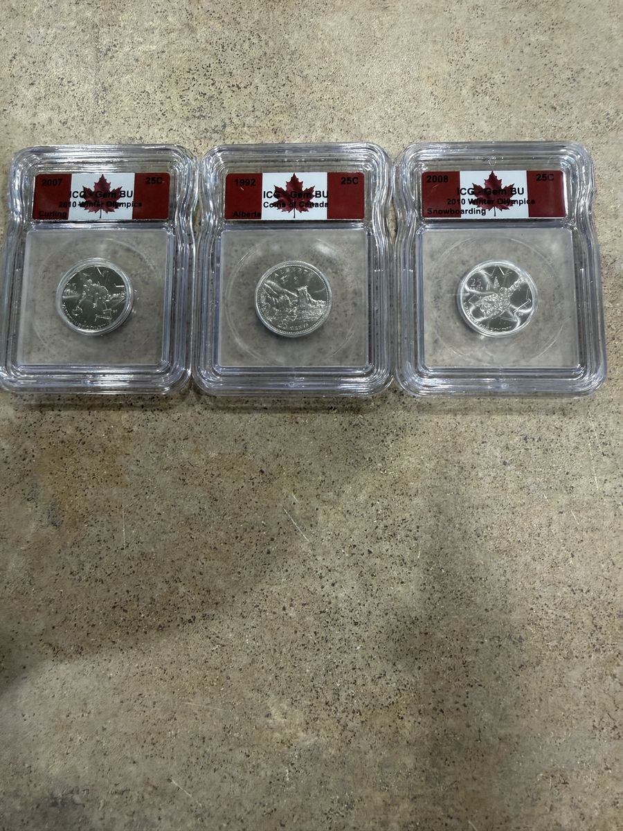 Set of 3 Canadian 25 Cent Commemorative Coins - 2007 (World Cup), 1992 (Alberta), 2008 (Snowboarding)