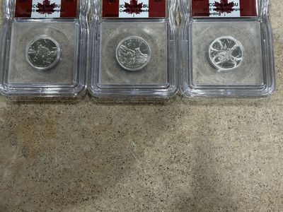 Set of 3 Canadian 25 Cent Commemorative Coins - 2007 (World Cup), 1992 (Alberta), 2008 (Snowboarding)