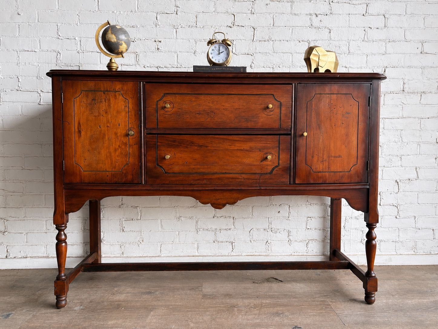 Vintage Solid Wood Sideboard Console Table - 2 Drawers, 2 Cabinets, Dark Wood Finish