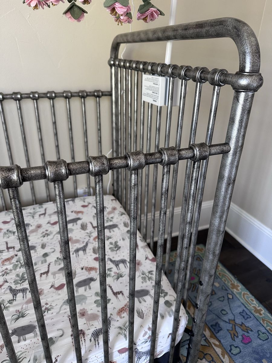 Metal Baby Crib - Distressed Pewter / Silver Finish