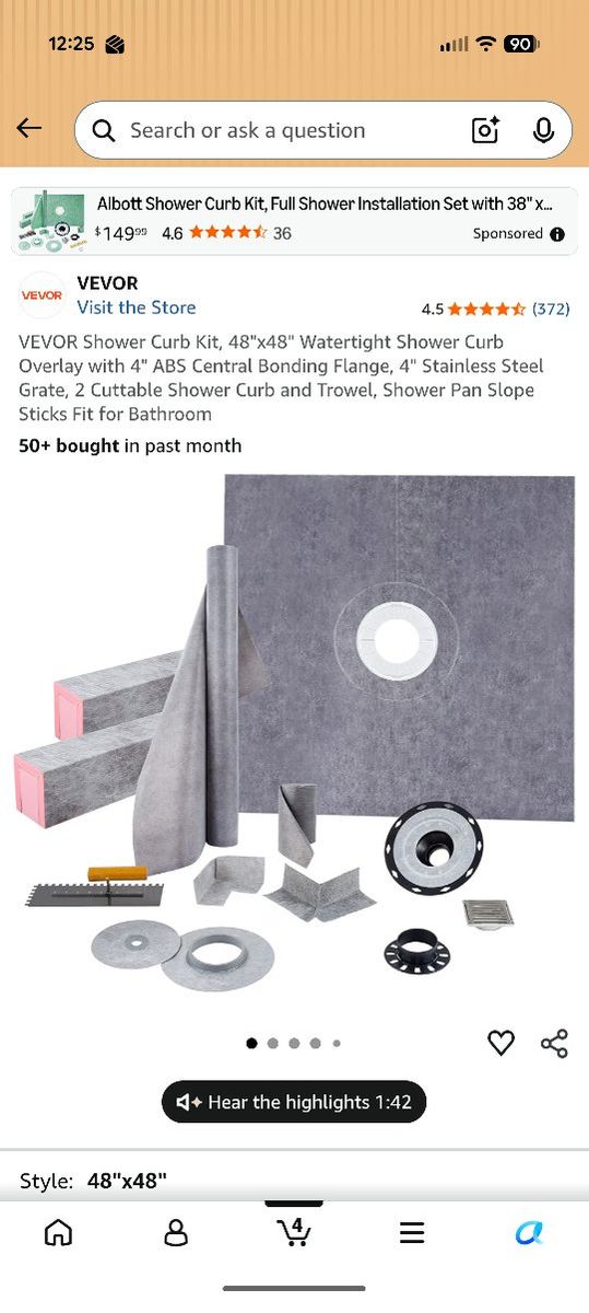VEVOR Shower Curb Kit, 48"x48"