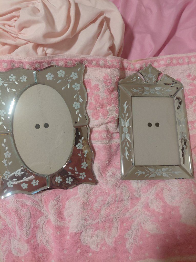 Set of 2 Vintage Venetian Etched Glass Photo Frames - Oval and Rectangular