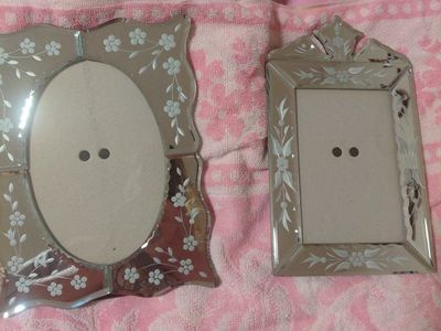 Set of 2 Vintage Venetian Etched Glass Photo Frames - Oval and Rectangular