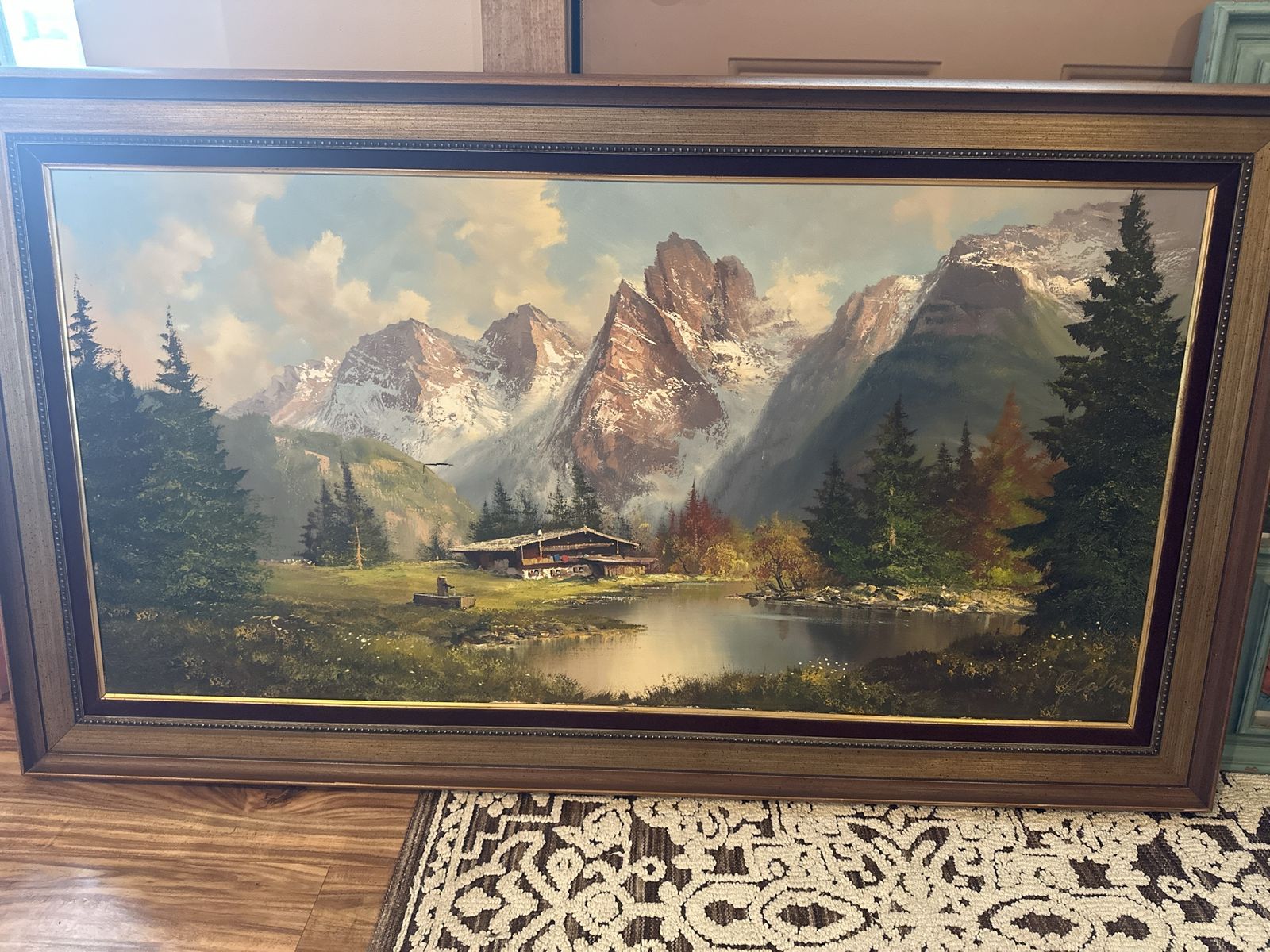 Framed Vintage Alpine Mountain & Cabin Landscape Oil Painting