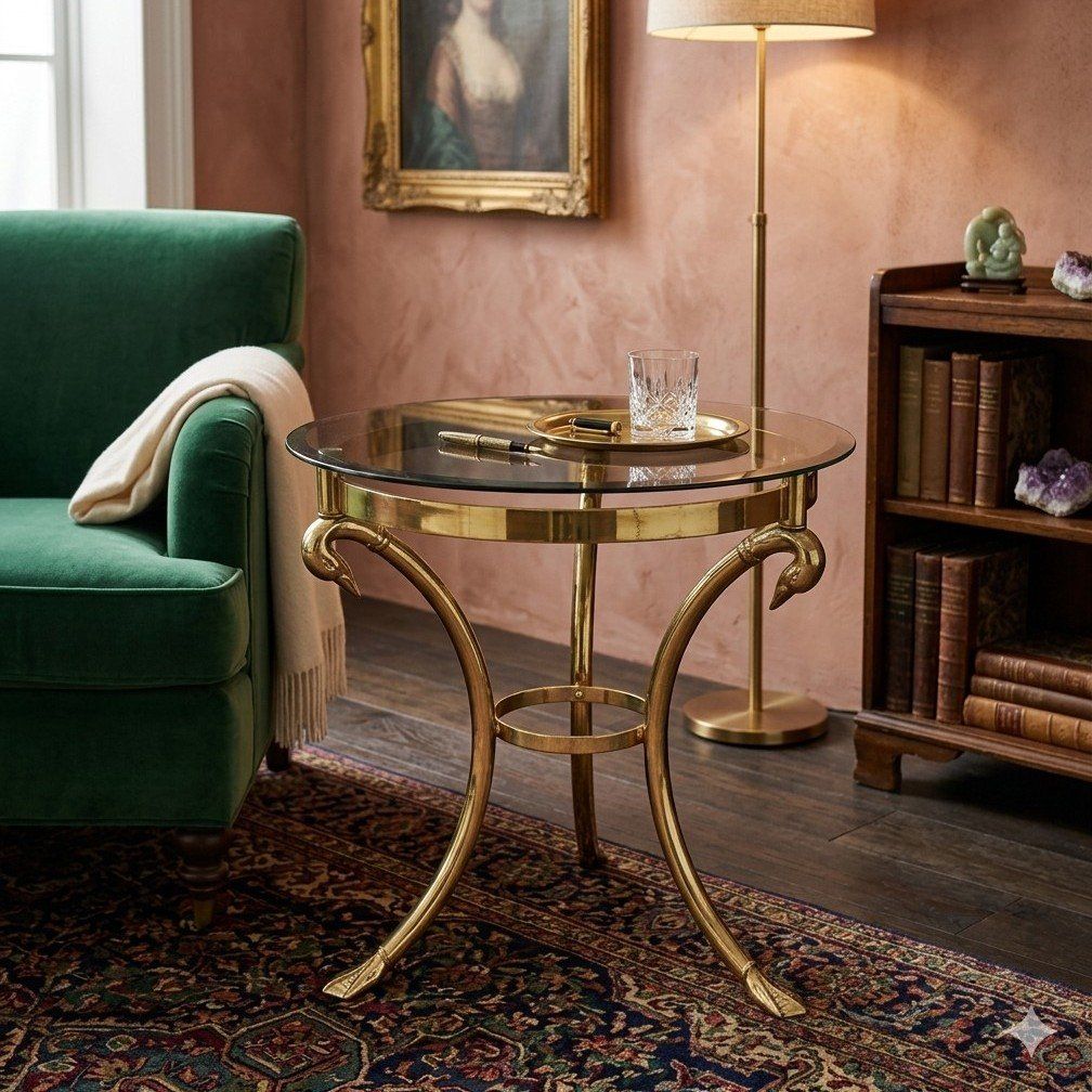 Gorgeous Vintage Italian Brass + Glass Swan Table